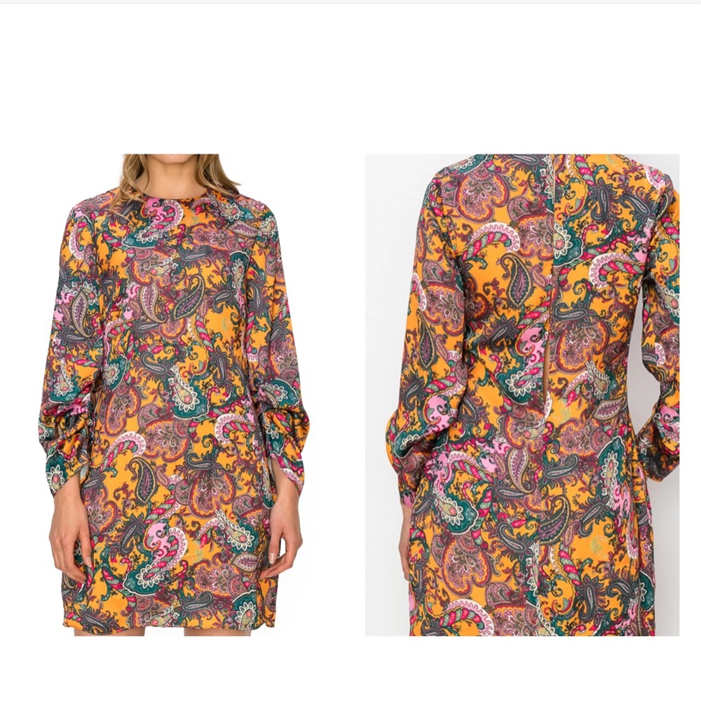 Code x mode - Paisley Ruched Sleeve Shift Dress with side pockets orange/gold
